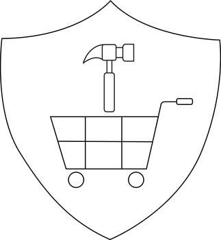 A shield containing a shopping cart with a hammer above it vector