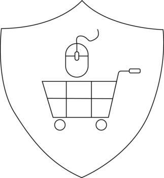 A shield contains a shopping cart with a computer mouse above it vector