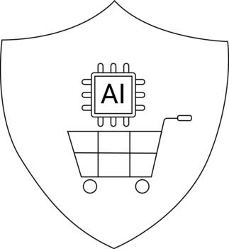A shield contains a shopping cart with AI integrated symbolizing secure tech vector