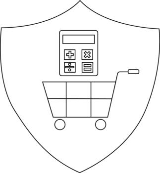 A shield displays a shopping cart under a calculator with a handle and wheels vector