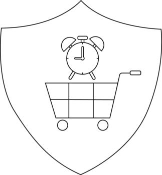 A shield displays a shopping cart with an alarm clock atop it vector