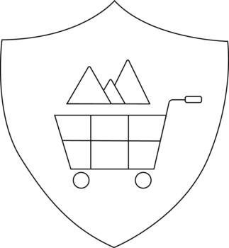 A shield outlines a shopping cart filled with pyramids rendered in a minimalist blackandwhite line art style vector