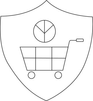 Blackoutlined shield with a shopping cart and a pie chart inside vector