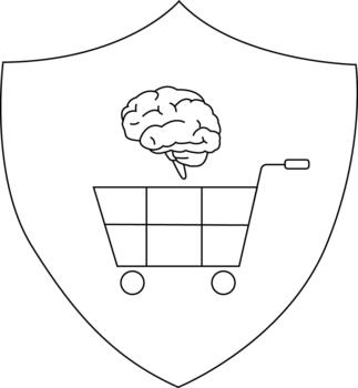 Shopping cart beneath a brain icon within a shield outline vector