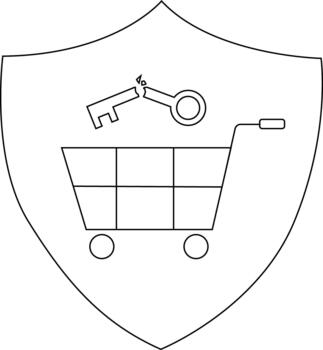 Shopping cart with broken key on shield background outline vector