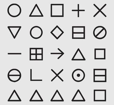 A grid of geometric shapes and symbols including circles triangles squares plus and minus signs arrows and more vector