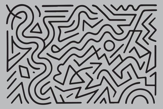 Abstract black and white geometric maze pattern with wavy lines and sharp angles on a gray background vector