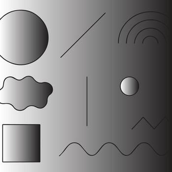 Abstract geometric shapes and lines in a grayscale gradient background featuring circles squares and wavy patterns vector