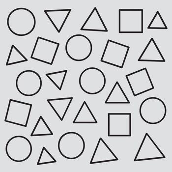 A random arrangement of geometric shapes including circles triangles and squares on a light gray background vector