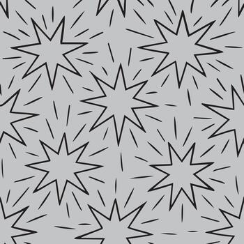 A repeating pattern of hand drawn starbursts with jagged rays on a light gray background vector