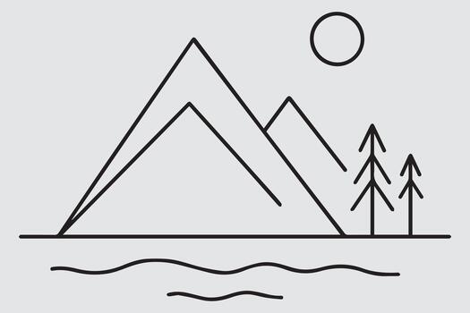 Minimalist geometric landscape featuring sharp mountain peaks a serene body of water and stylized evergreen trees under a simple sun vector
