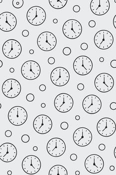 sin costura modelo de mano dibujado término análogo relojes y pequeño círculos en un ligero gris antecedentes creando un caprichoso cronometraje motivo vector