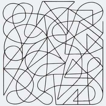 Intricate geometric pattern featuring intersecting lines curves triangles squares and abstract shapes in black and white vector