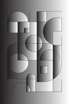 Abstract geometric composition featuring spheres cylinders and rectangles in a monochromatic gradient palette vector