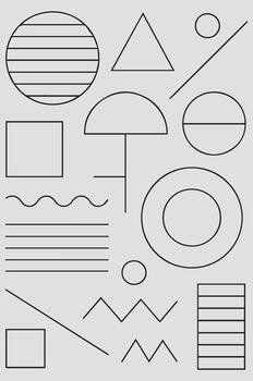Collection of simple geometric shapes and line patterns in black and white outline style vector