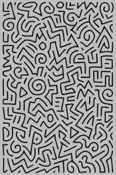 Abstract black and white geometric maze pattern with swirls and zigzags on a textured gray background vector