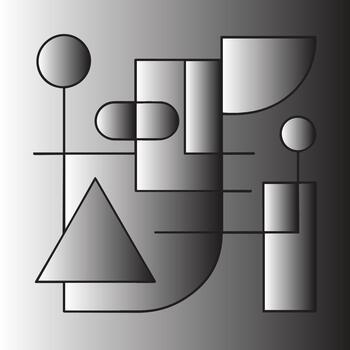 Abstract geometric composition featuring circles triangles rectangles and curved shapes with a grayscale gradient background vector