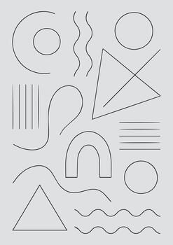 Abstract geometric shapes and lines collection featuring circles arches triangles waves and parallel lines on a light gray background vector