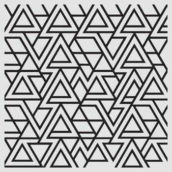 Intricate geometric pattern featuring interlocking triangles and repeating lines in a black and white design vector