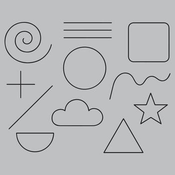 Collection of basic geometric shapes and simple line drawings on a neutral gray background vector
