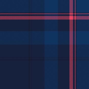 Classic pixelated plaid pattern in deep blues and subtle red accents. A timeless texture for backgrounds, apparel design, or graphic overlays. Versatile stylish. vector