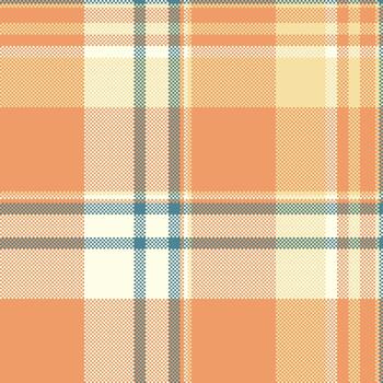 Pixelated textile pattern featuring orange, ivory, and blue in a classic plaid design. Ideal for backgrounds, textures, or digital art projects needing a rustic or retro feel. vector