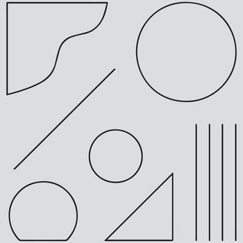 Abstract composition of geometric shapes including circles lines triangles and a curved quadrant on a light gray background vector