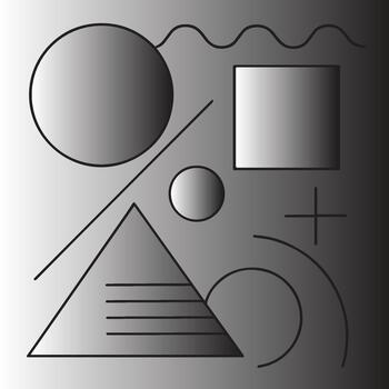 Abstract geometric composition featuring circles squares triangles lines and curves in grayscale gradient background vector