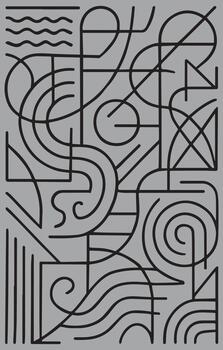 Abstract geometric composition featuring intersecting lines and swirling forms on a solid gray background vector