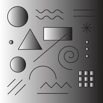 Collection of abstract geometric shapes and lines with gradients on a subtle gray background vector