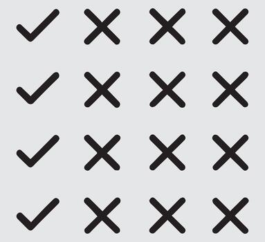 Hand drawn checkmarks and crosses arranged in a grid showing a clear distinction between correct and incorrect answers vector