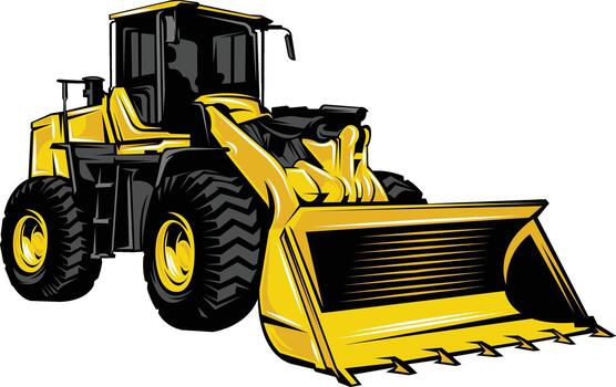 A bold illustration of a yellow front-end loader with rugged tires and a wide bucket vector