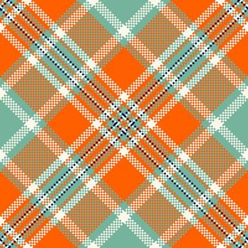 Vibrant tartan pattern, a seamless plaid design with bold orange and cool mint tones. Ideal for fabric, backgrounds, and graphic design projects, evoking a retro feel. vector