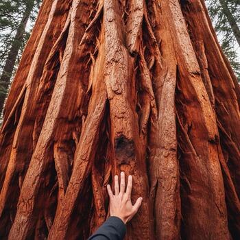A person reaching up to touch a giant redwood tree photo