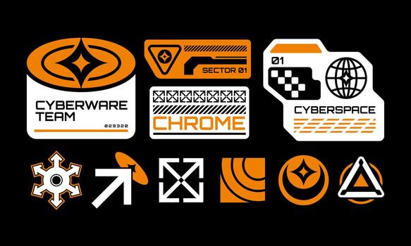 Orange Cyberware Badges Futuristic Cyberspace, Chrome, and Tech Label Stickers vector