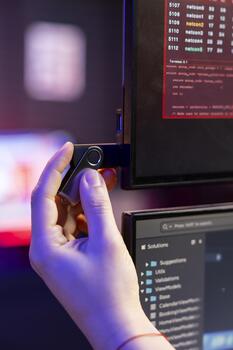 Close up of hacker using USB stick to extract military secrets data from secure digital systems. Cybercriminal uploading USB thumb drive on PC, running espionage software photo