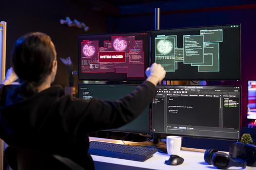 Delighted hacker celebrating after launching phishing attacks tricking users into revealing credit card data. Overjoyed man pumping fists, doing victory gesture after DDoS attacks flood servers photo