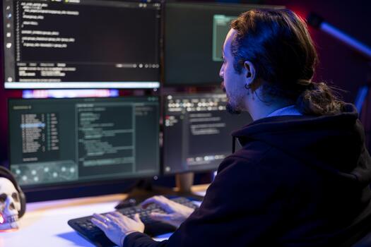 Hacker in neon lit criminal den coding malware designed to exploit network backdoors. Rogue engineer typing on keyboard, bypassing security measures such as logins and password protections photo