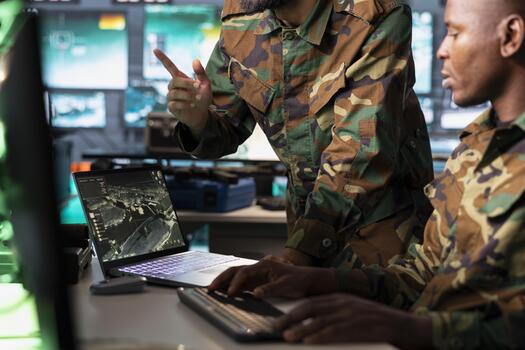 Army officers use reconnaissance tech on laptop to do threat monitoring and target recognition in command post. Military agents employing modern warfare intelligence using software on notebook photo