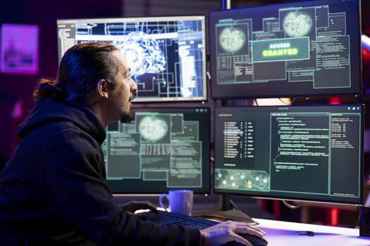 Hacker doing phishing attacks using AI deep learning, tricking users into revealing credit card data. Man launching DDoS attacks using neural network, flooding servers to crash websites photo