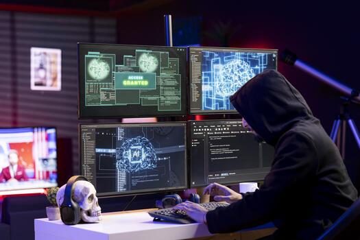 pícaro técnico consiguiendo acceso concedido mensaje después utilizando ai malware indetectable por antivirus encapuchado hacker incumplimiento cortafuegos seguridad utilizando artificial inteligencia datos minería guión foto