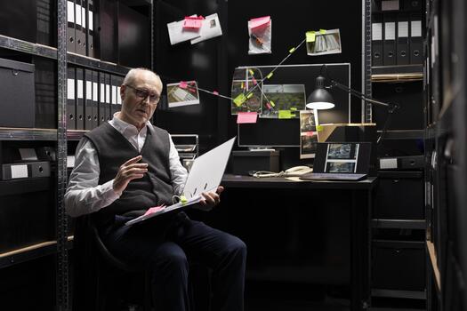 Private investigator organizing criminal records and surveillance photos, working on a criminal case and identifying suspects through tracing and linking evidence across multiple documents. photo