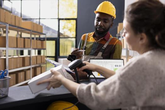 Diverse team in a small scale depot use barcode scanner to process goods, ensuring proper shipment service and e-business distribution with accurate inventory control and product handling. photo