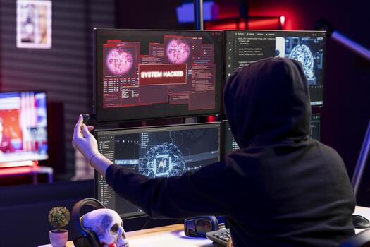 hacker insertando destello conducir en ordenador personal a derivación seguridad utilizando explotar, haciendo encubierto operaciones. pícaro técnico penetrante cortafuegos utilizando malware en USB palo, consiguiendo sistema pirateado surgir en monitor foto