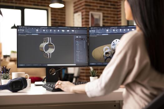 Creative female engineer working remotely in home studio, designing mechanical gear prototypes using CAD and visualization software. Industrial style setup with stylish decor and digital tools. photo