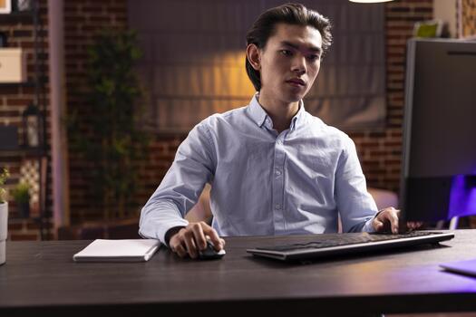 Asian businessman working late at home, proofreading reports and reviewing company projects on computer. Self employed man analyzing plans to improve business strategies and results. photo