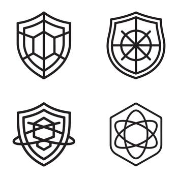 Quantum shield icon outline set featuring abstract geometric shapes and protective symbols silhouette vector