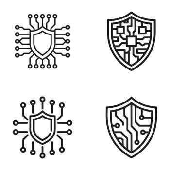 Cybernetic circuit board shield outline design elements for digital security and technology applications silhouette vector
