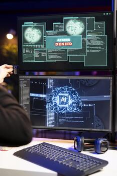 Hacker inserts USB drive to steal data, system responds with access denied warning on screen. Cybercriminal having cyber attacks rejected, malware AI software uploading on computer failing photo