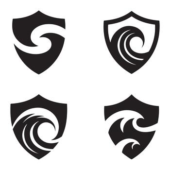 Secure shield wave set featuring abstract geometric shapes and security icons silhouette vector